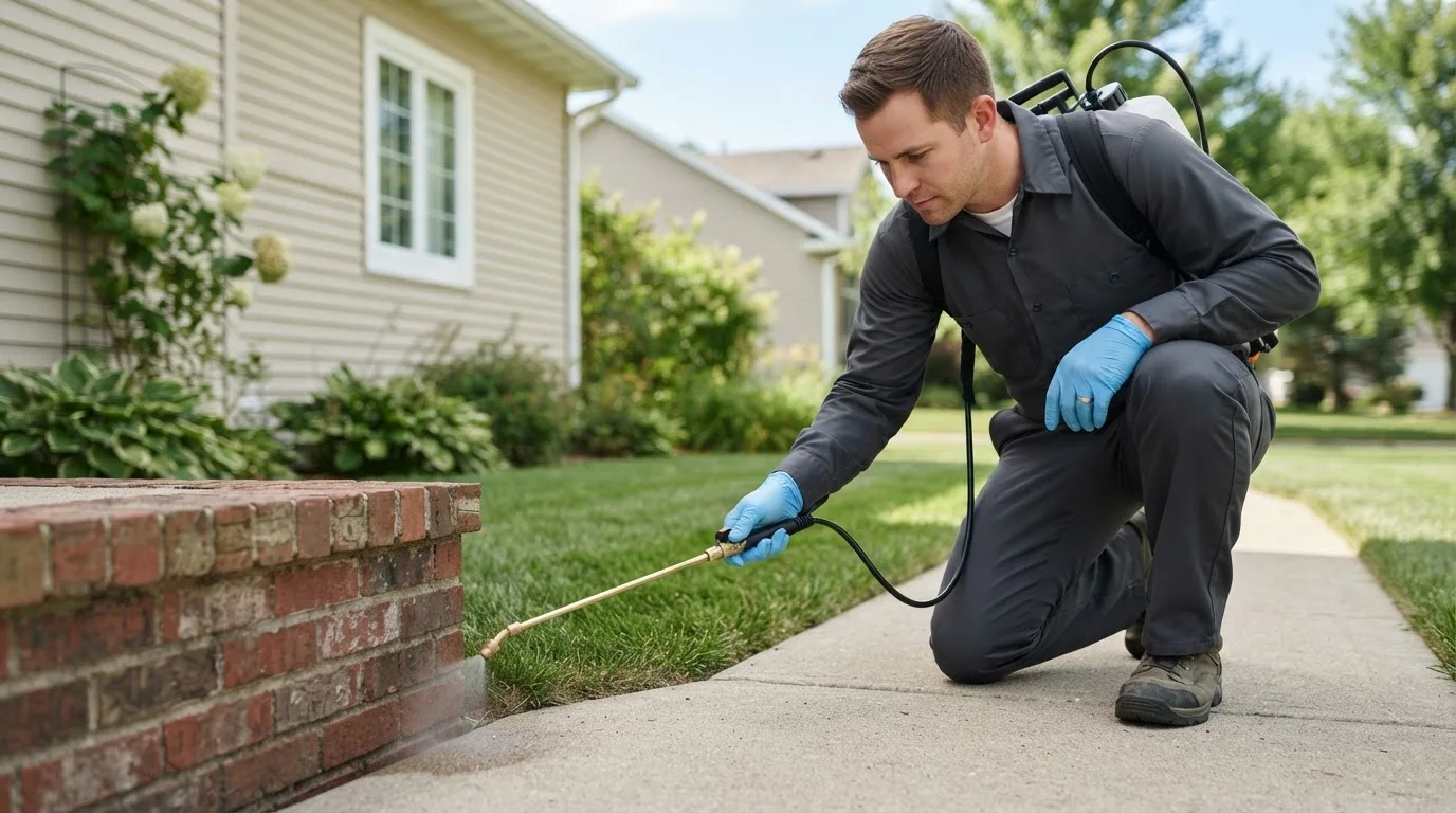 Pest control technician treating a home near Grand Meadow, MN